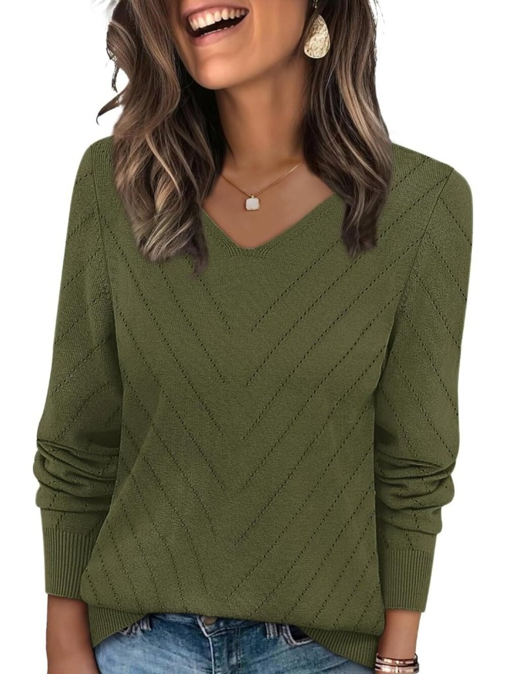 Women's Army Green V Neck Casual Knit Long Sleeve Lightweight Pullover Sweaters